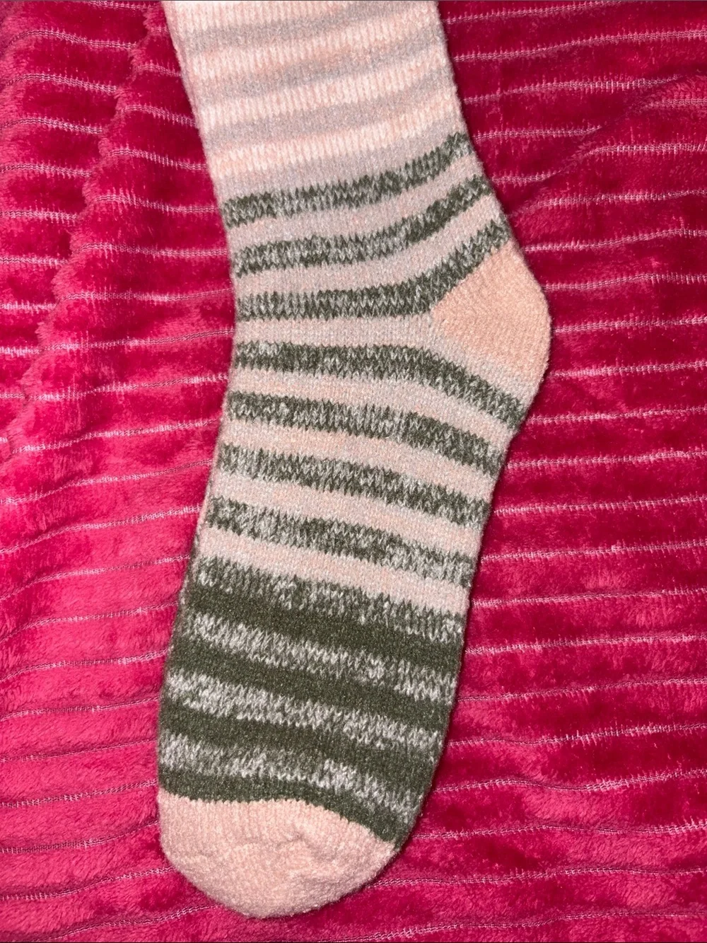 Muk Luks Pink & Olive Striped Cozy Crew Socks Size 6-11